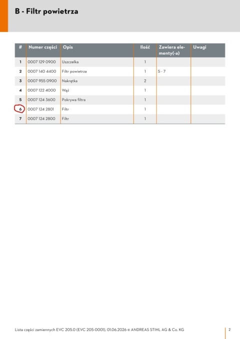 Orginalny filtr wstępny powietrza EVC 205 (EVC 205-0001, EVC 205-0002)